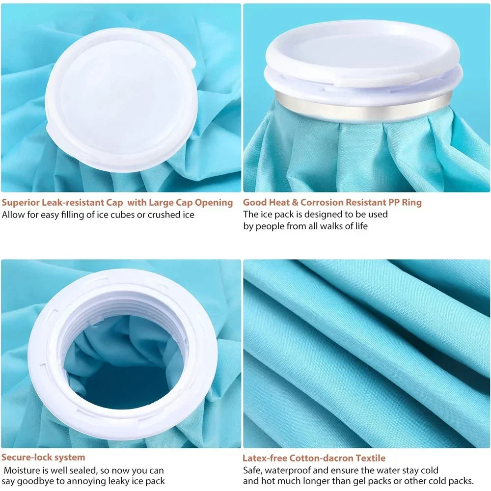 A white reusable ice pack featuring a leak-resistant cap and a secure lock system wrapped in a latex-free cotton-dacron texti