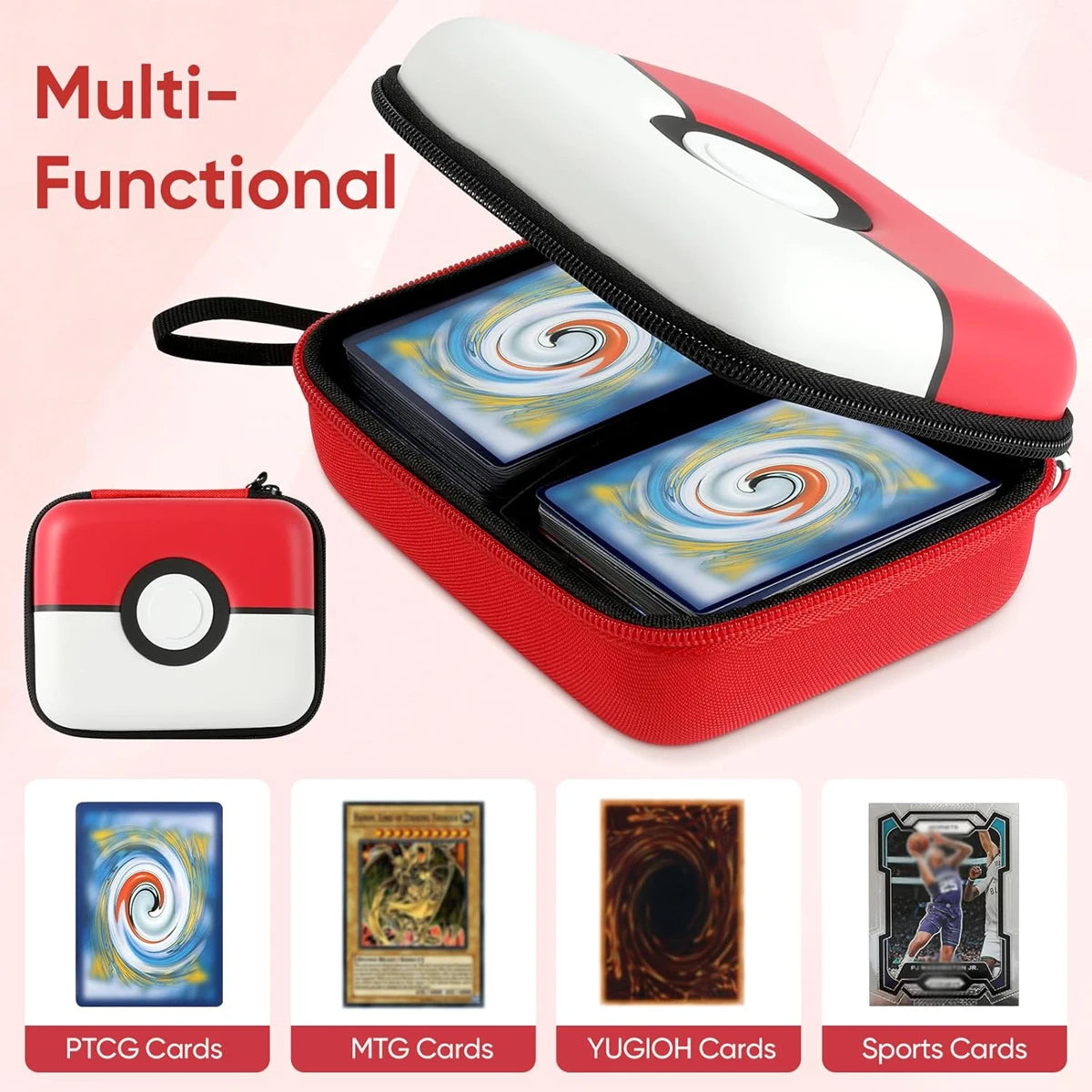 Red and white multi-functional hard-shell storage box for trading cards with dividers