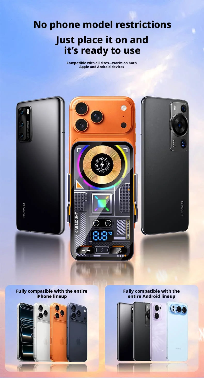 A smart wireless charging car phone holder with active cooling and infrared auto open feature shown in various colors and com