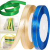 Rolls of gold, green, and blue satin ribbon for crafts, gift wrapping, and wedding decor