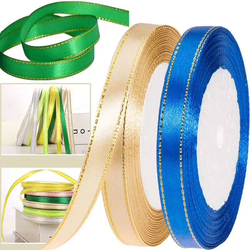 Rolls of gold, green, and blue satin ribbon for crafts, gift wrapping, and wedding decor