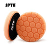 A pair of orange hexagonal foam buffing pads for rotary and dual-action polishers.