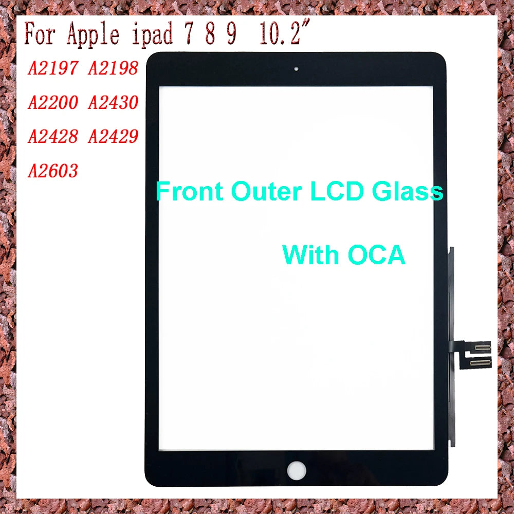 Replacement front outer LCD glass for Apple iPad 7, 8, 9, and 10.2-inch models with OCA