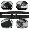 Close-up view of a black nylon tactical belt featuring a metal buckle and various adjustment features.