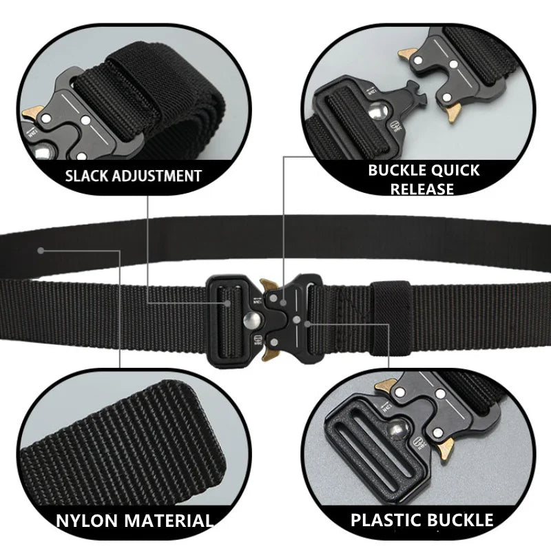 Close-up view of a black nylon tactical belt featuring a metal buckle and various adjustment features.