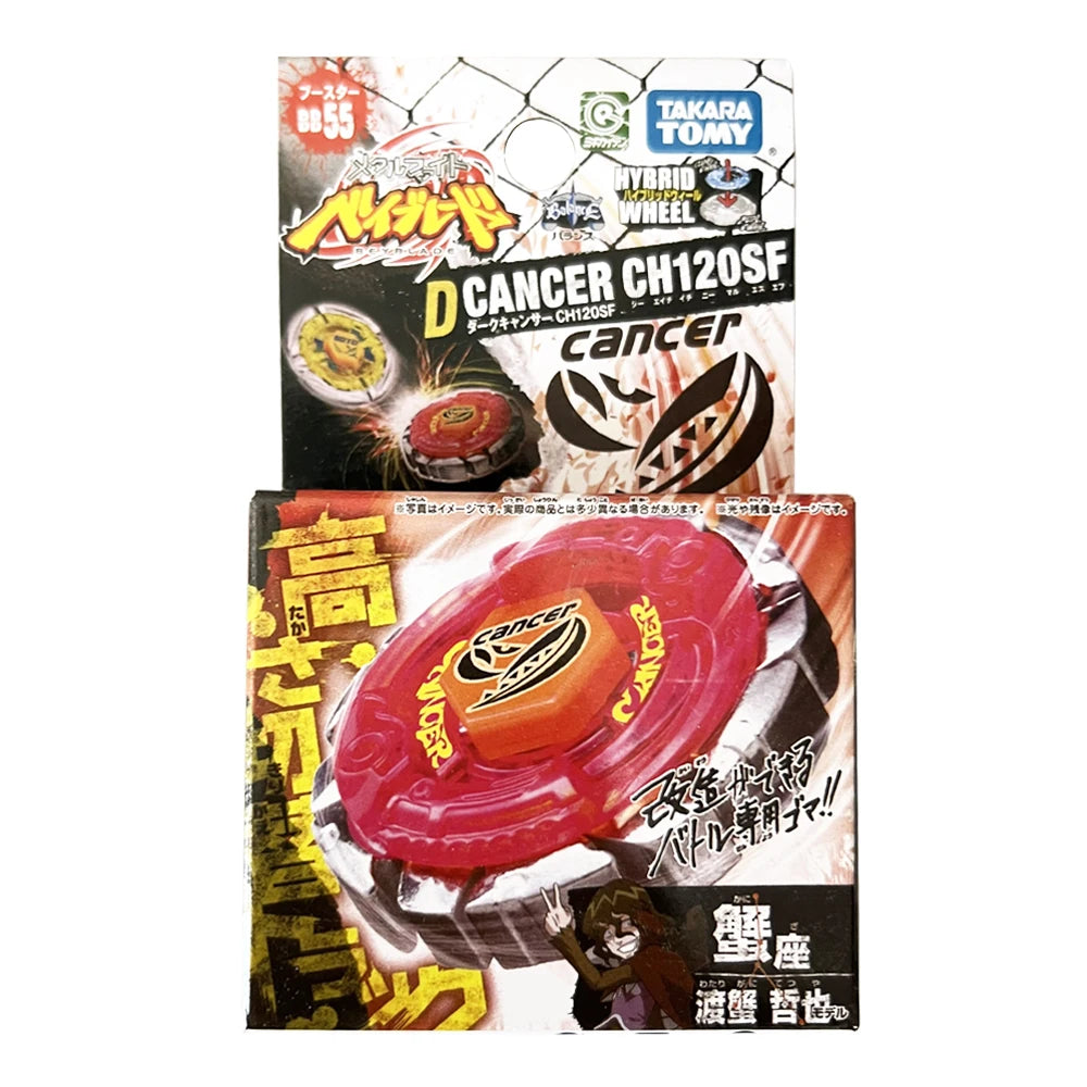 A box for a D Cancer CH120SF spinning top battle toy featuring a red and orange design.
