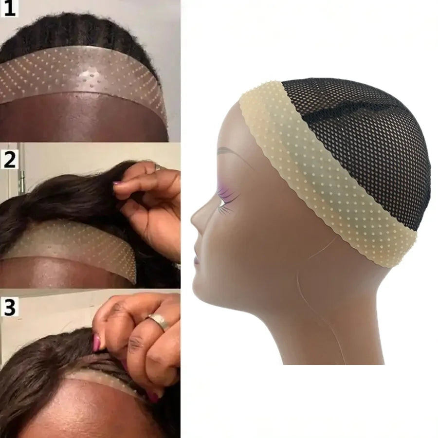Drei Ansichten eines Silikon-Perücken-Grifbands, gezeigt bei Anwendung auf Kopfhaut und Mannequin