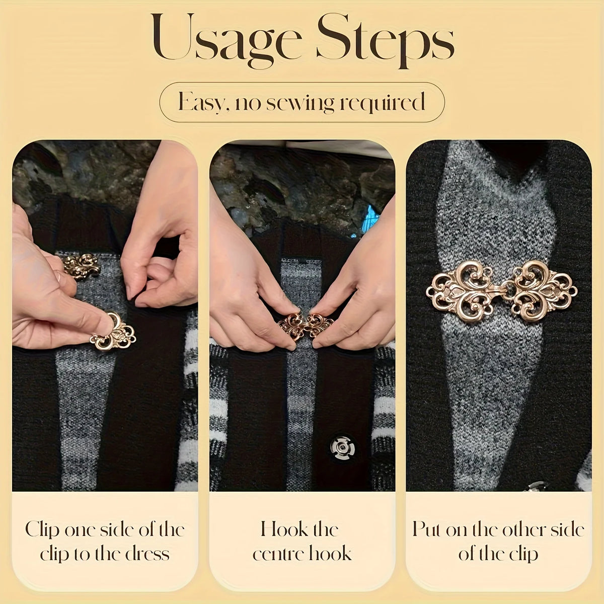 Usage steps showing how to attach vintage rotating sweater clips to a dress or cardigan.