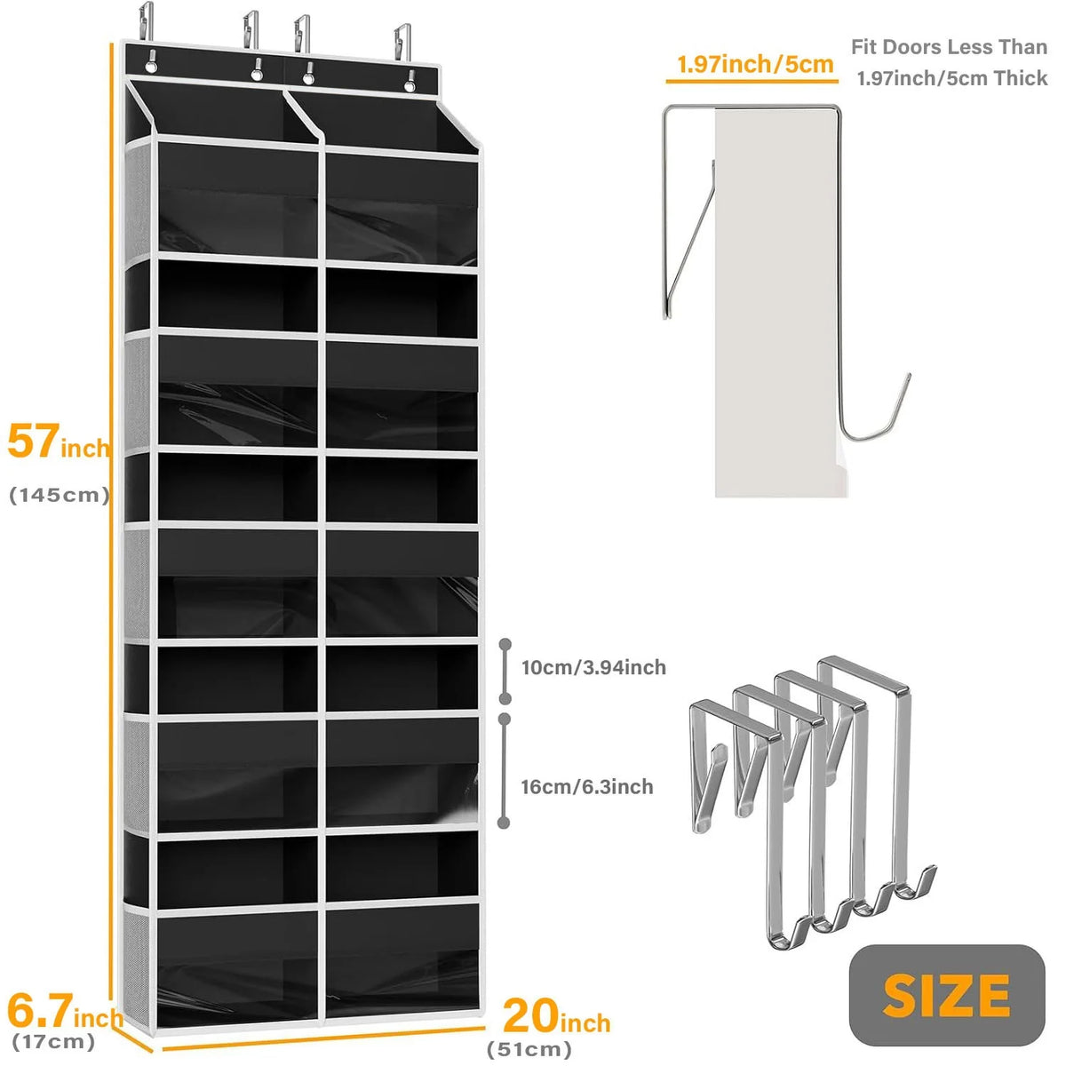 A tall, black, over-the-door hanging organizer with 10 compartments and a silver hanging rod.