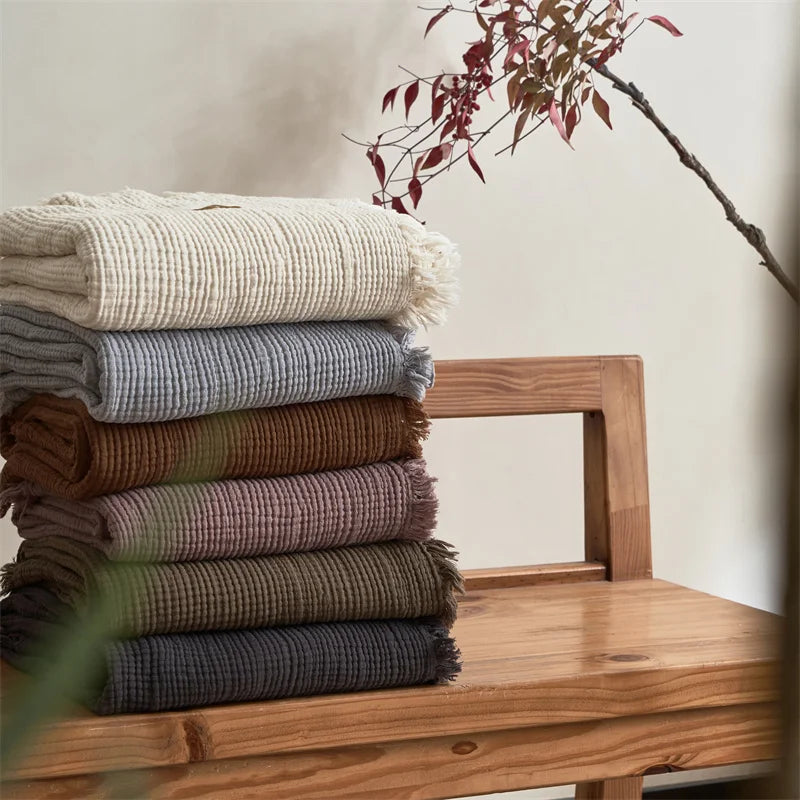 Four-Layer Cotton Gauze Throw Blanket with Tassel Trim