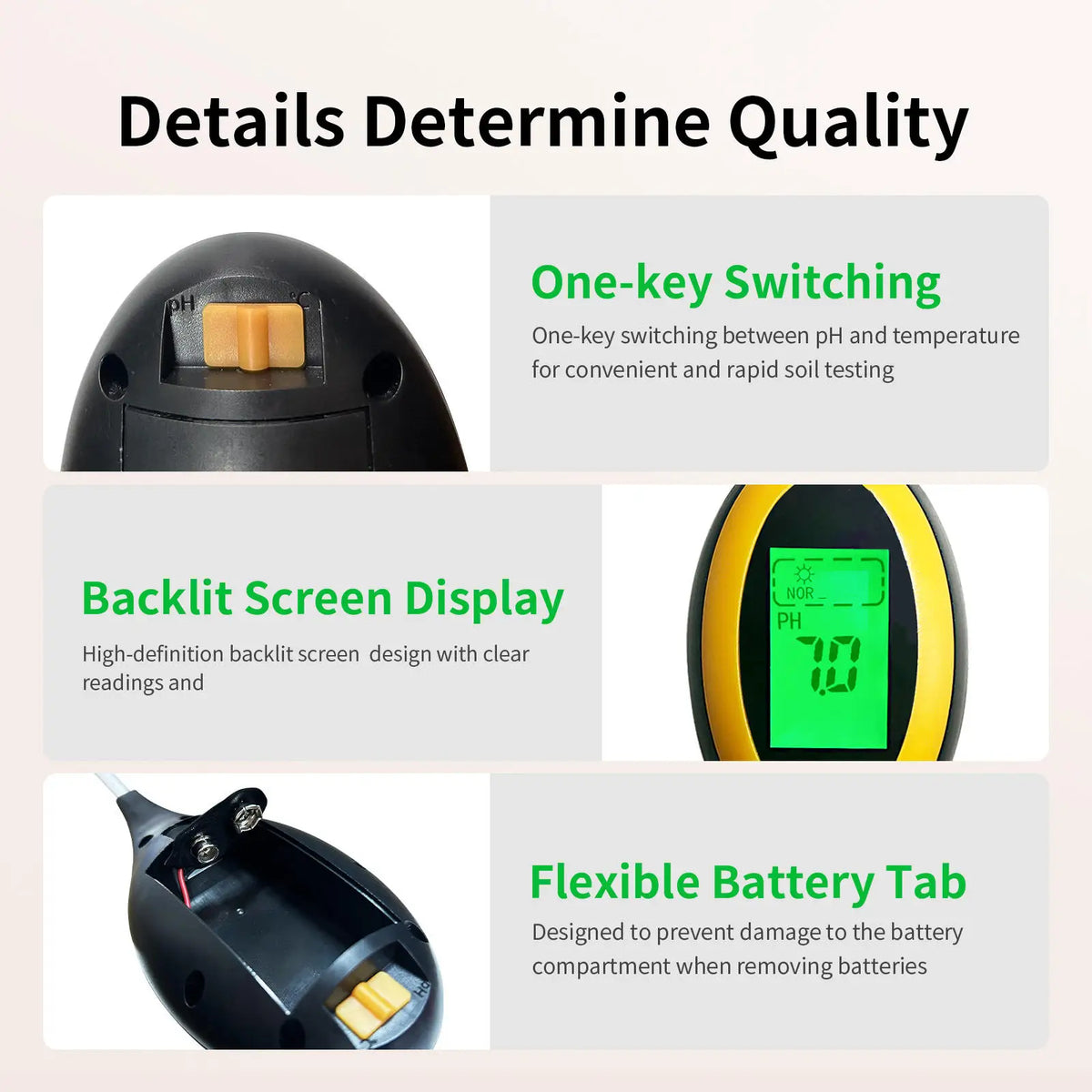 A black soil testing device showing features like one-key switching, a backlit screen display, and a flexible battery tab.