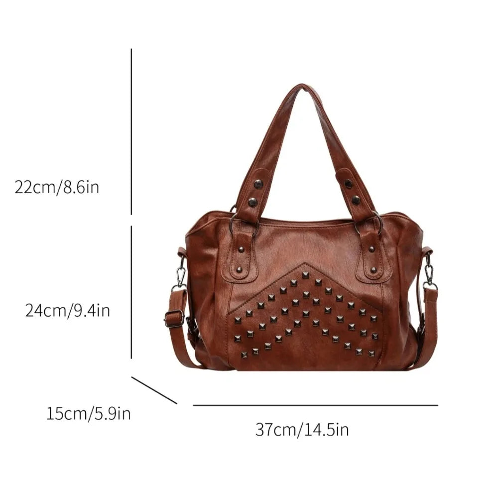 Rivet Punk Large Capacity Tote Bag with Adjustable Crossbody Strap