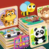 A wooden puzzle set for kids featuring cartoon animals and traffic shapes, including a tiger, panda, and police car.
