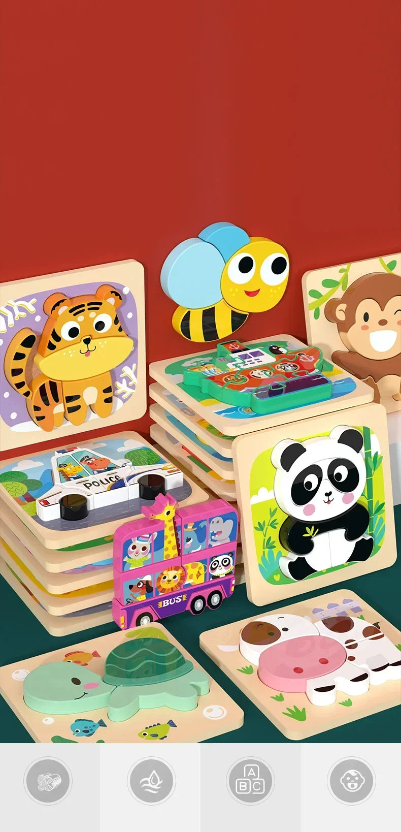 A wooden puzzle set for kids featuring cartoon animals and traffic shapes, including a tiger, panda, and police car.