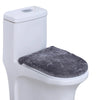 A white toilet with a gray flannel seat cover installed.