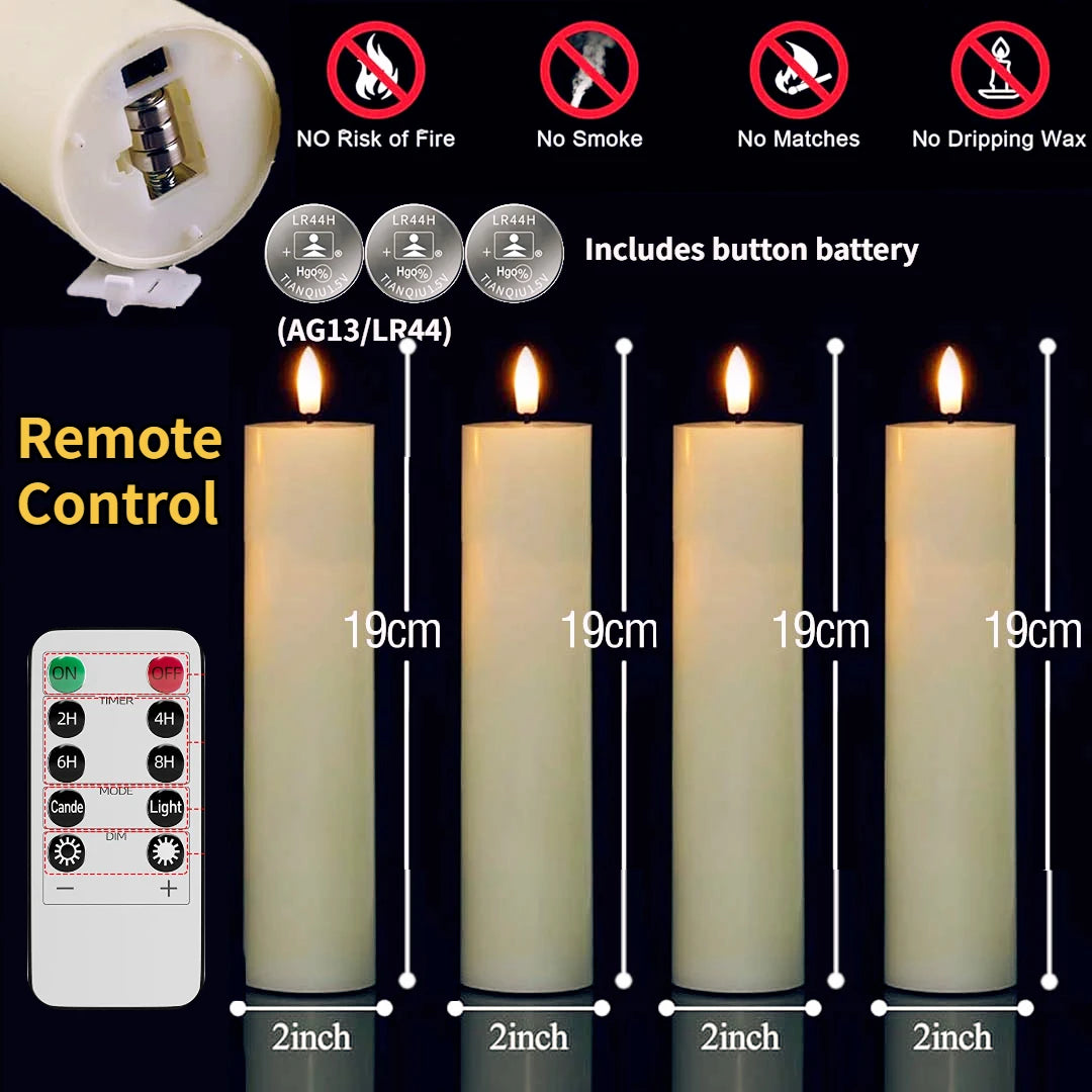 LED pillar candles with remote control featuring a timer and safety warnings