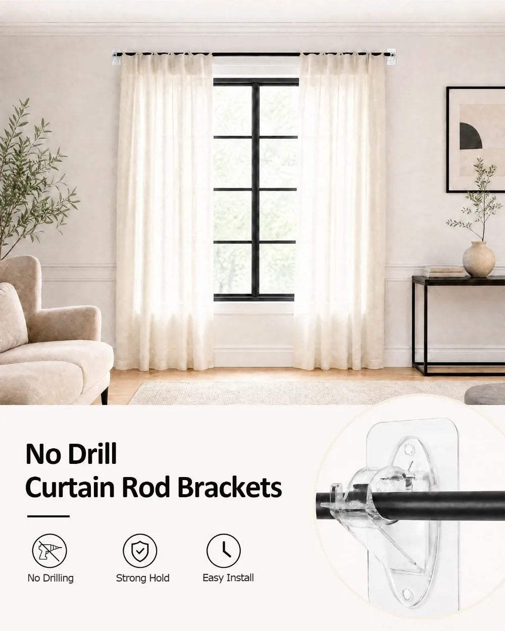 No Drill Curtain Rod Brackets shown with a window and sheer curtains in a bright room.