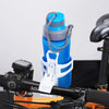 A blue water bottle cage with a silver strap is mounted on a bicycle handlebar.