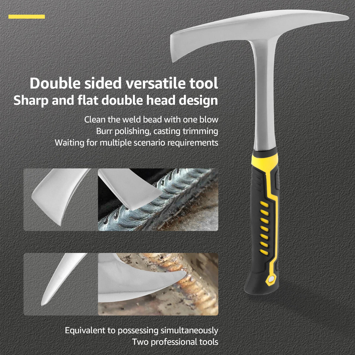A silver double-sided versatile tool with a black and yellow handle shown alongside close-ups of its sharp and flat heads.