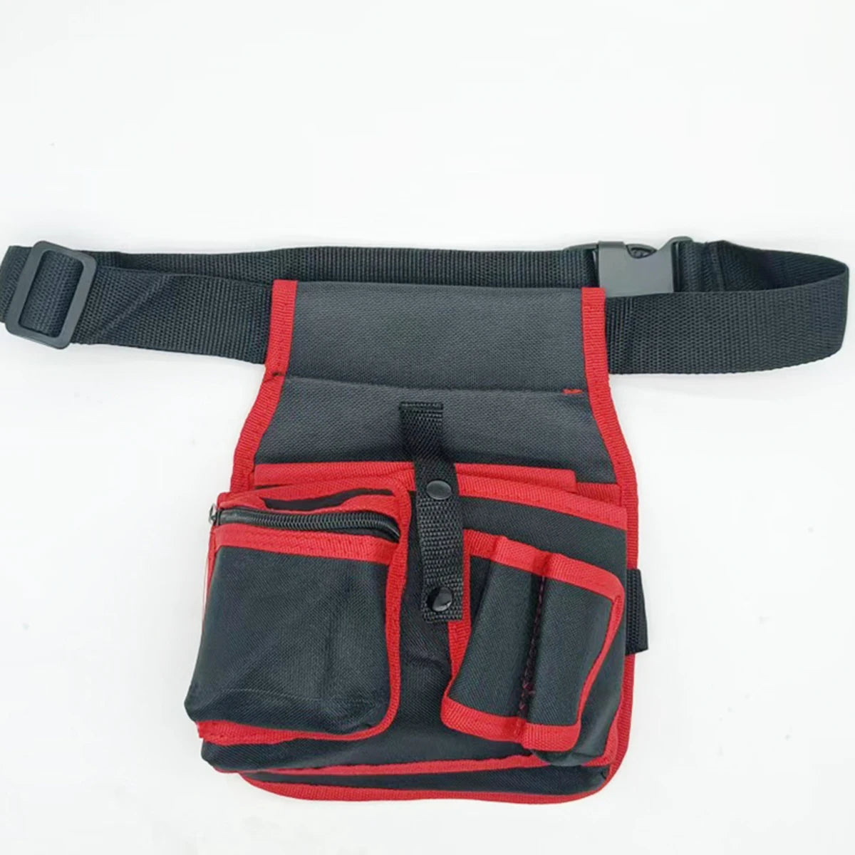 Black and red heavy-duty tool waist bag with multiple pockets and a black strap