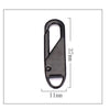 A black metal zipper pull with a slider mechanism and dimensions marked.