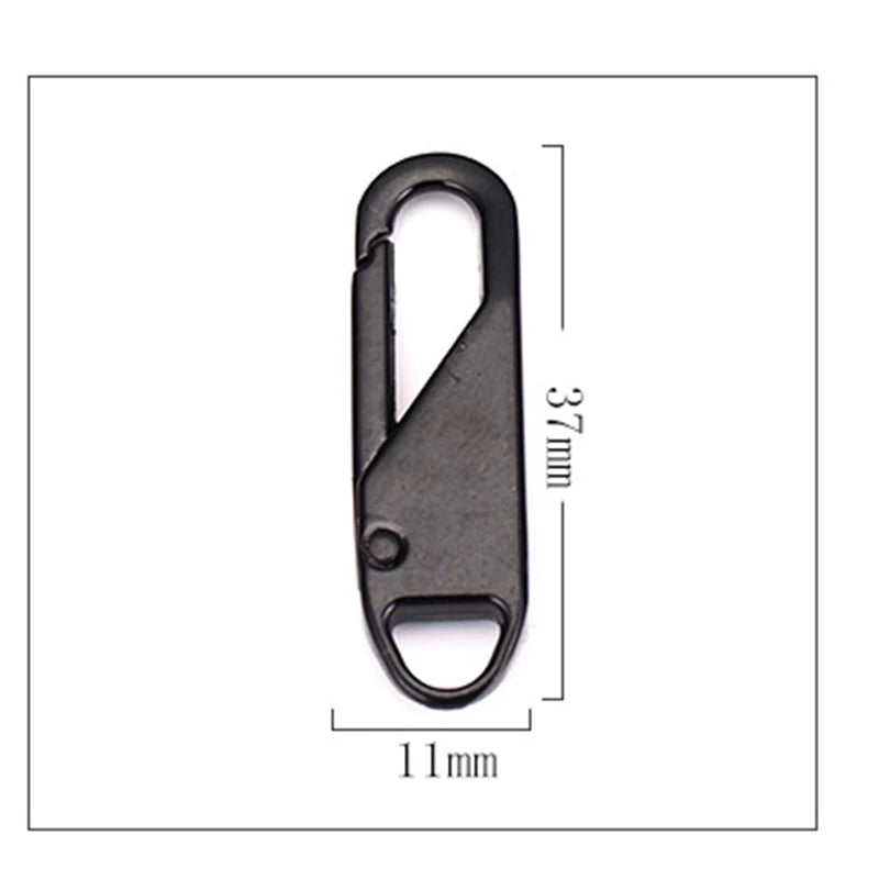 A black metal zipper pull with a slider mechanism and dimensions marked.