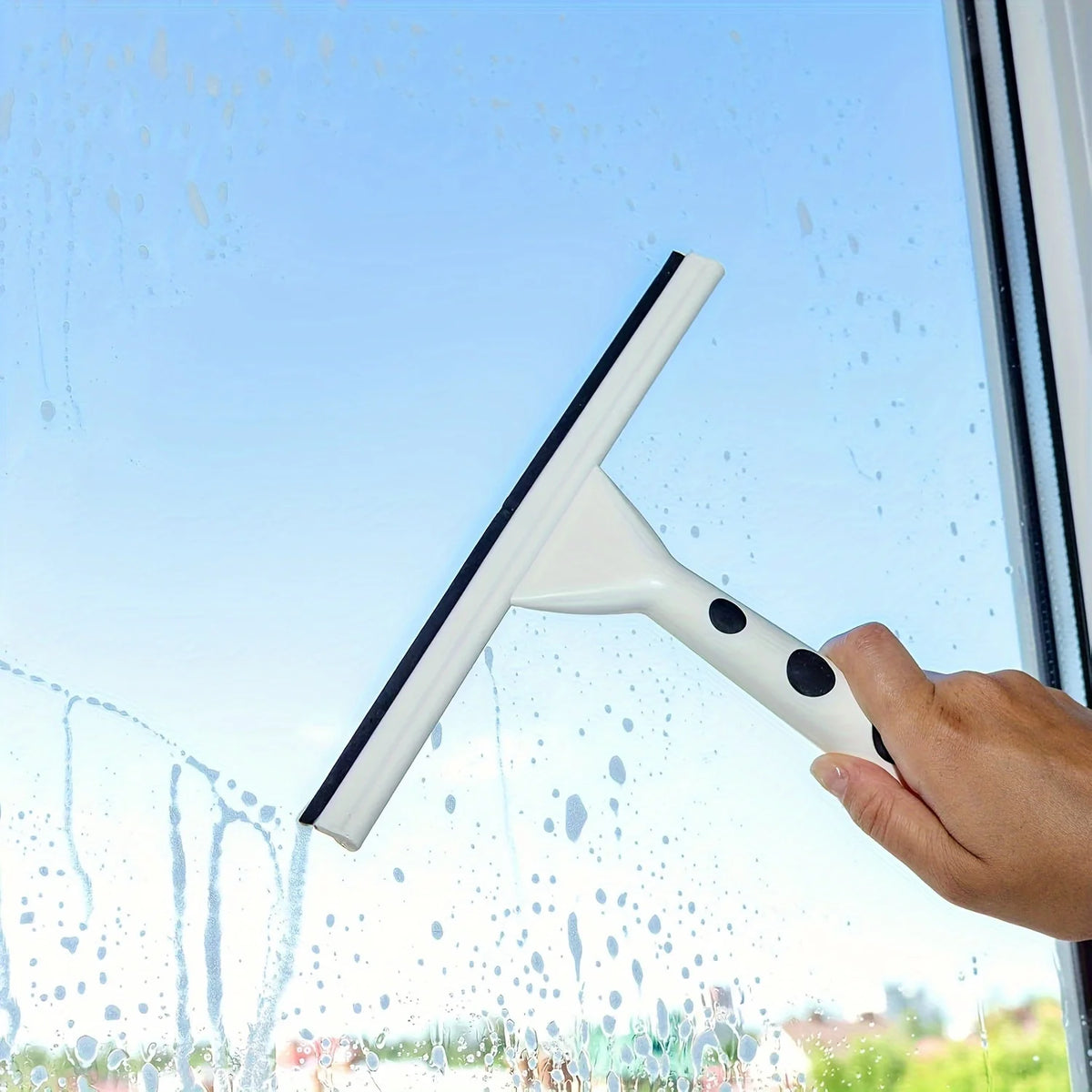 A hand is using a white squeegee replacement rubber blade to clean water spots on a window.