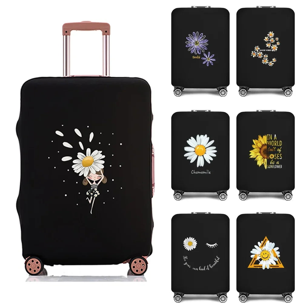 Black elastic suitcase protective cover featuring a daisy print design.