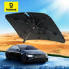 A black umbrella windshield sun shade is shown above a dark car in a desert landscape.