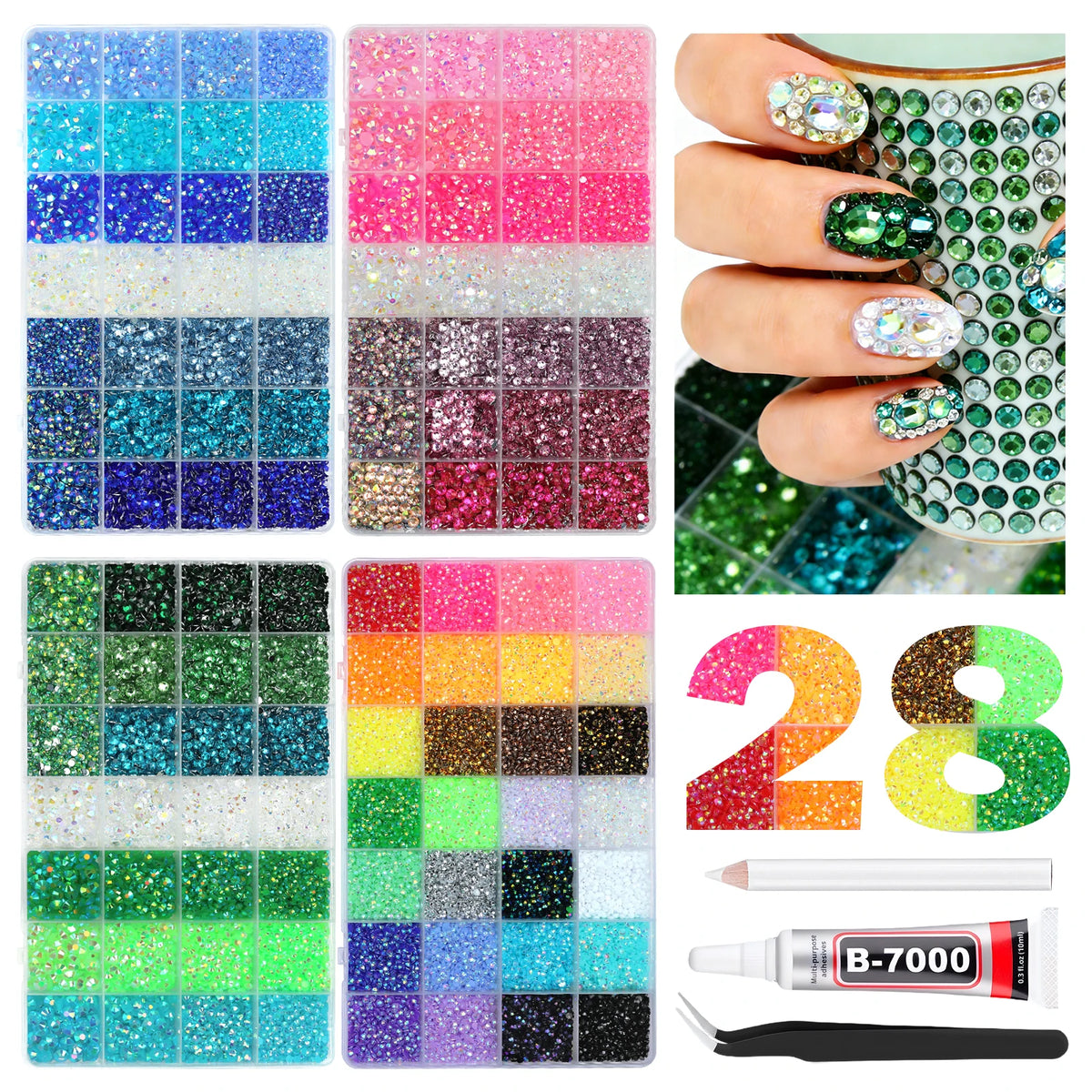 Mixed Color Resin Rhinestone Set with AB Finish – 24/28 Grid Flatback Drills for Crafting & Decoration