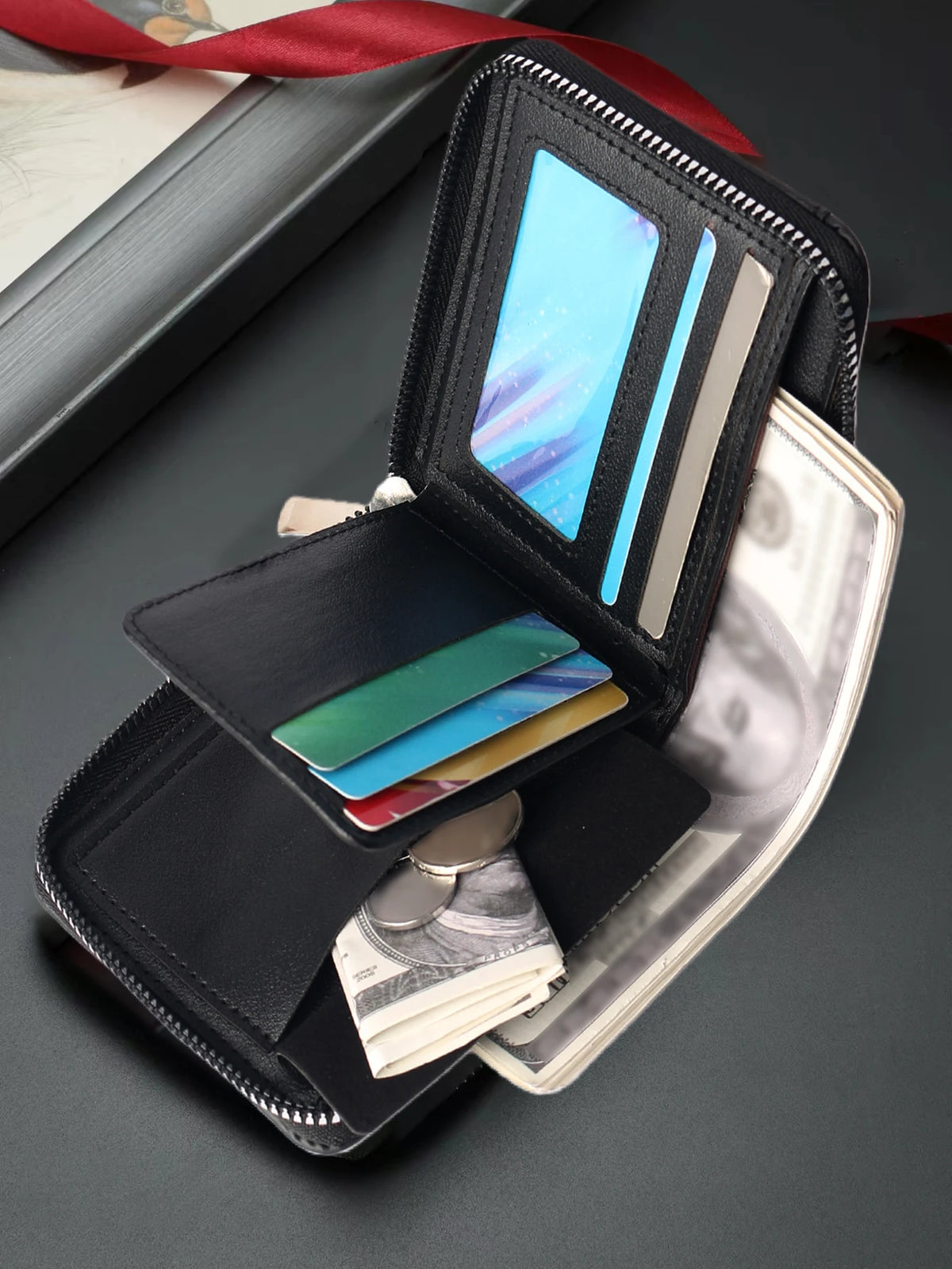 HOVIS Men's Slim Leather Wallet with Eagle Emboss and Zip Closure