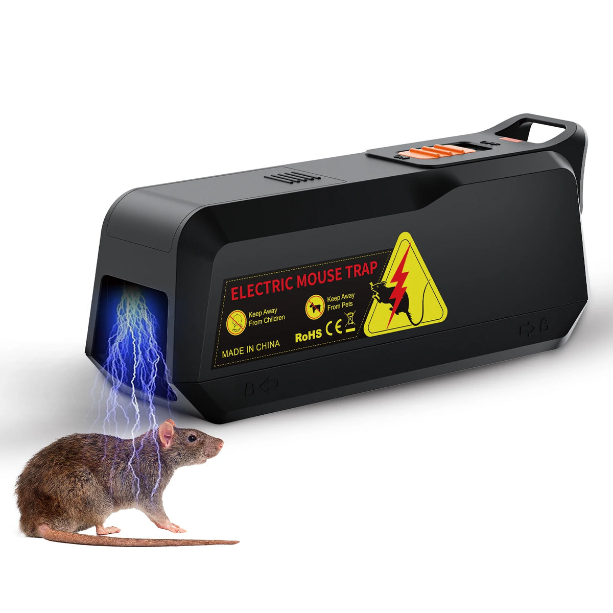 A black electric mouse trap device is shown next to a small rodent.