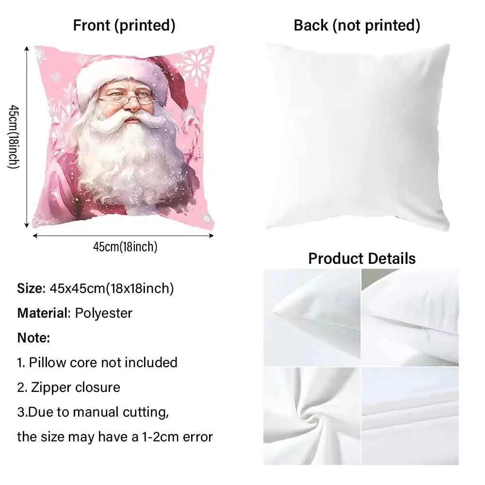 Front view of a white throw pillow cover featuring a printed Santa beard design on a pink background.