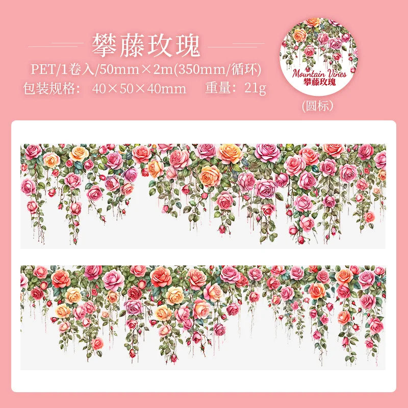 A sheet of pink and green floral vine pattern PET tape for journaling and crafts.