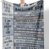 A gray fleece throw blanket with text encouraging love and confidence for a son