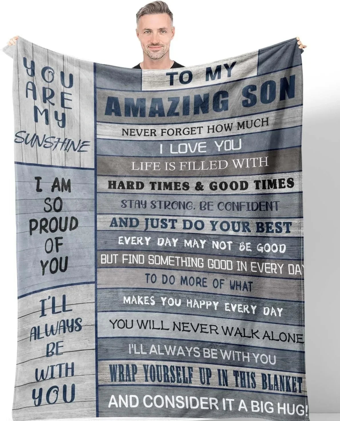 A gray fleece throw blanket with text encouraging love and confidence for a son