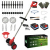 A red and black cordless grass trimmer and edger with two batteries and various attachments shown on a green box.