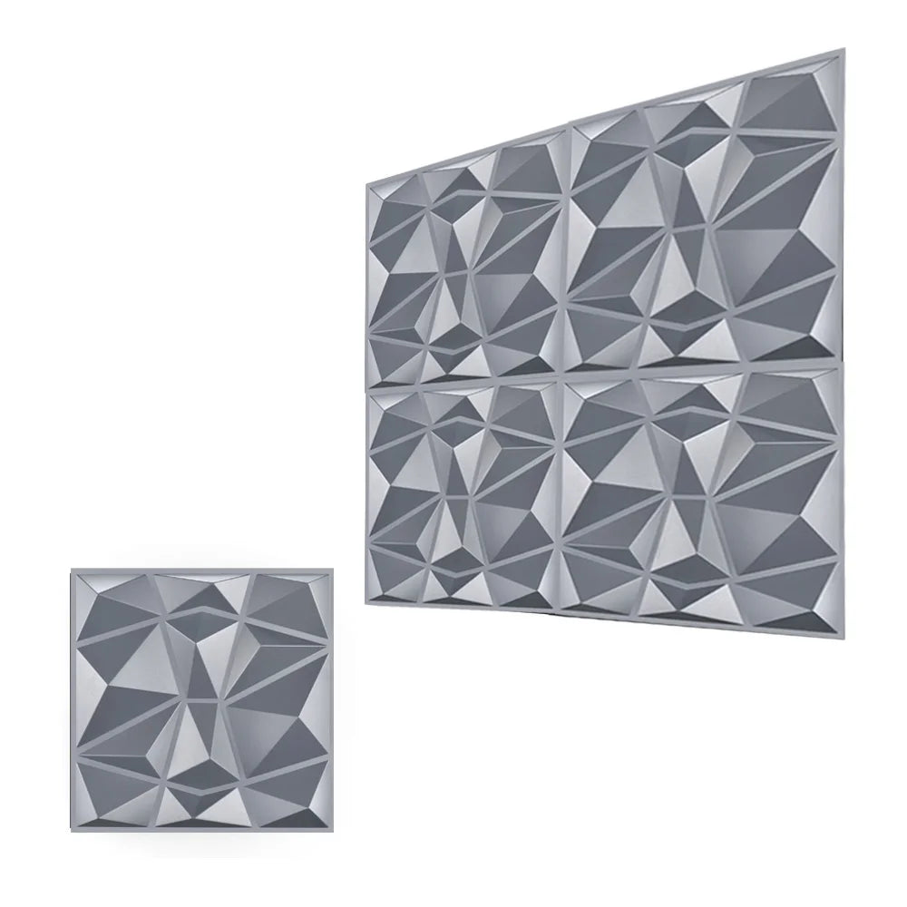 A set of modern gray 3D diamond textured wall panels used for accent wall decor.