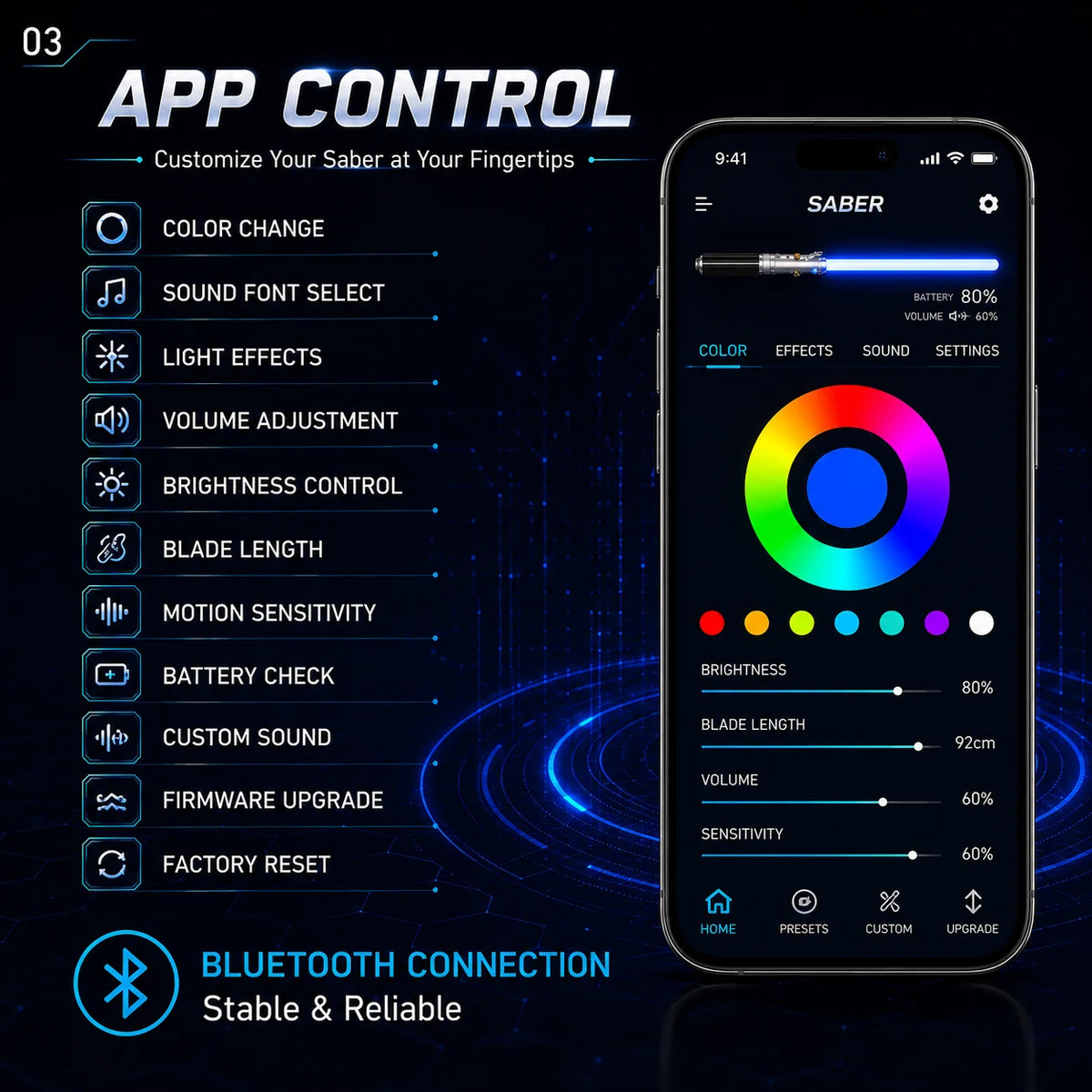 App control interface showing settings for a lightsaber including color change, sound font selection, and brightness adjustme