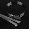 A circular loop of stainless steel cable ties with a small clip attached, alongside several flat stainless steel ties.