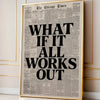 A framed canvas print featuring a large black text quote on a vintage newspaper background.