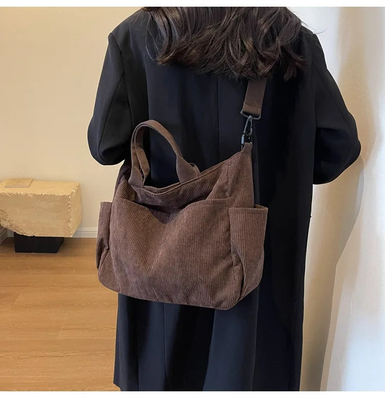Multi-Pocket Corduroy Tote Bag – Large Capacity Casual Satchel for Travel, Work & Commute