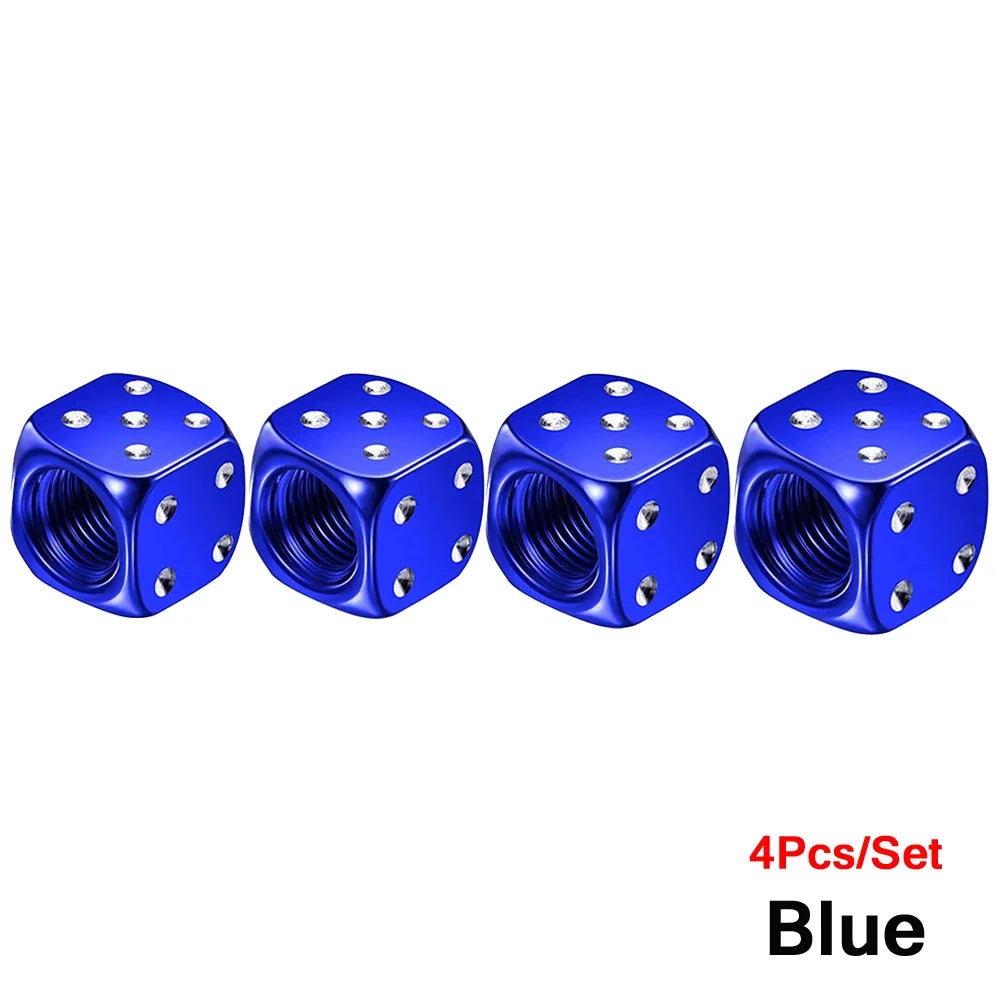 Set of four blue aluminum alloy dice design tire valve caps