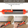 An orange and gray contour gauge scribe tool demonstrating two shapes: a pointer shape and a roller skating end shaping.