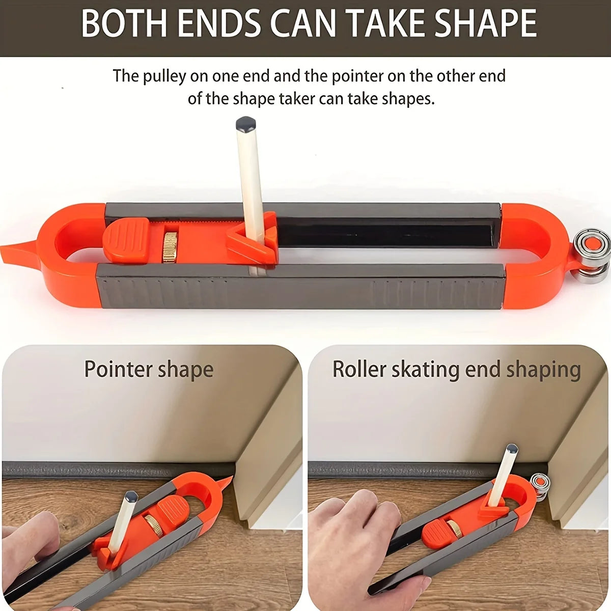 An orange and gray contour gauge scribe tool demonstrating two shapes: a pointer shape and a roller skating end shaping.