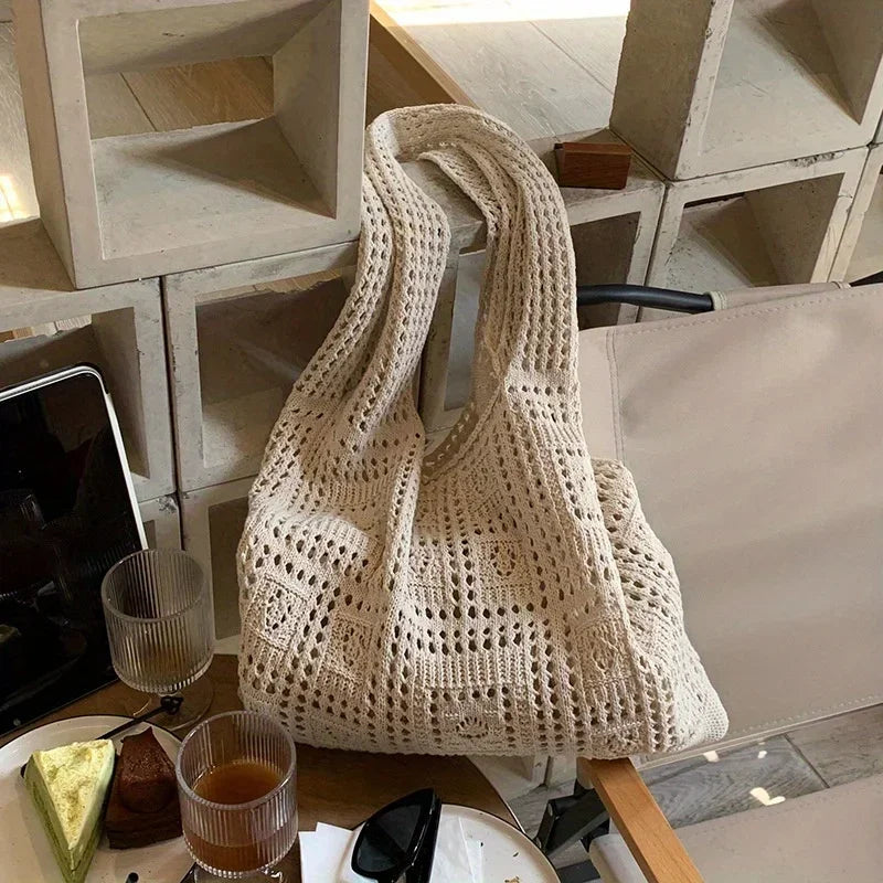 Handwoven Knit Shoulder Bag with Open-Weave Design
