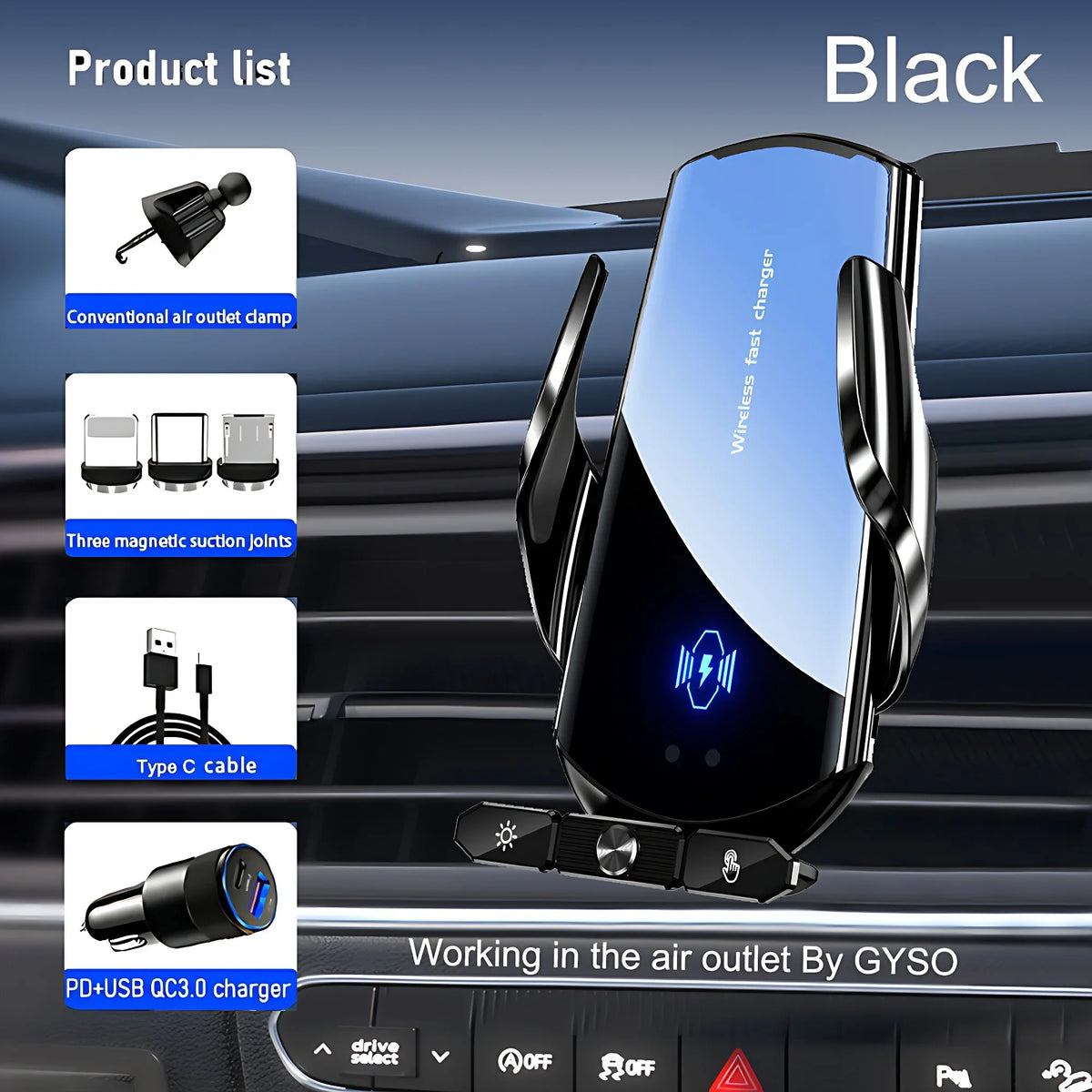150W Magnetic Wireless Car Charger Mount with Auto-Clamping Cradle