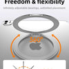 A magnetic aluminum tablet holder demonstrating 360-degree adjustability and placement flexibility.