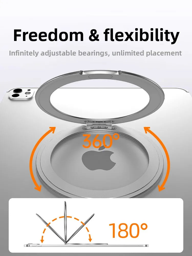 A magnetic aluminum tablet holder demonstrating 360-degree adjustability and placement flexibility.