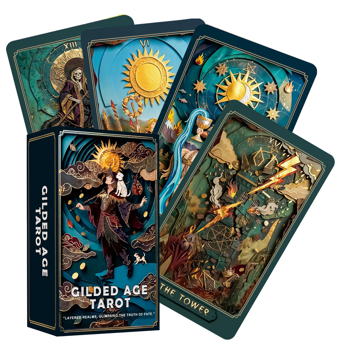A collection of Gilded Age Tarot deck cards featuring detailed paper-cut art and celestial imagery.